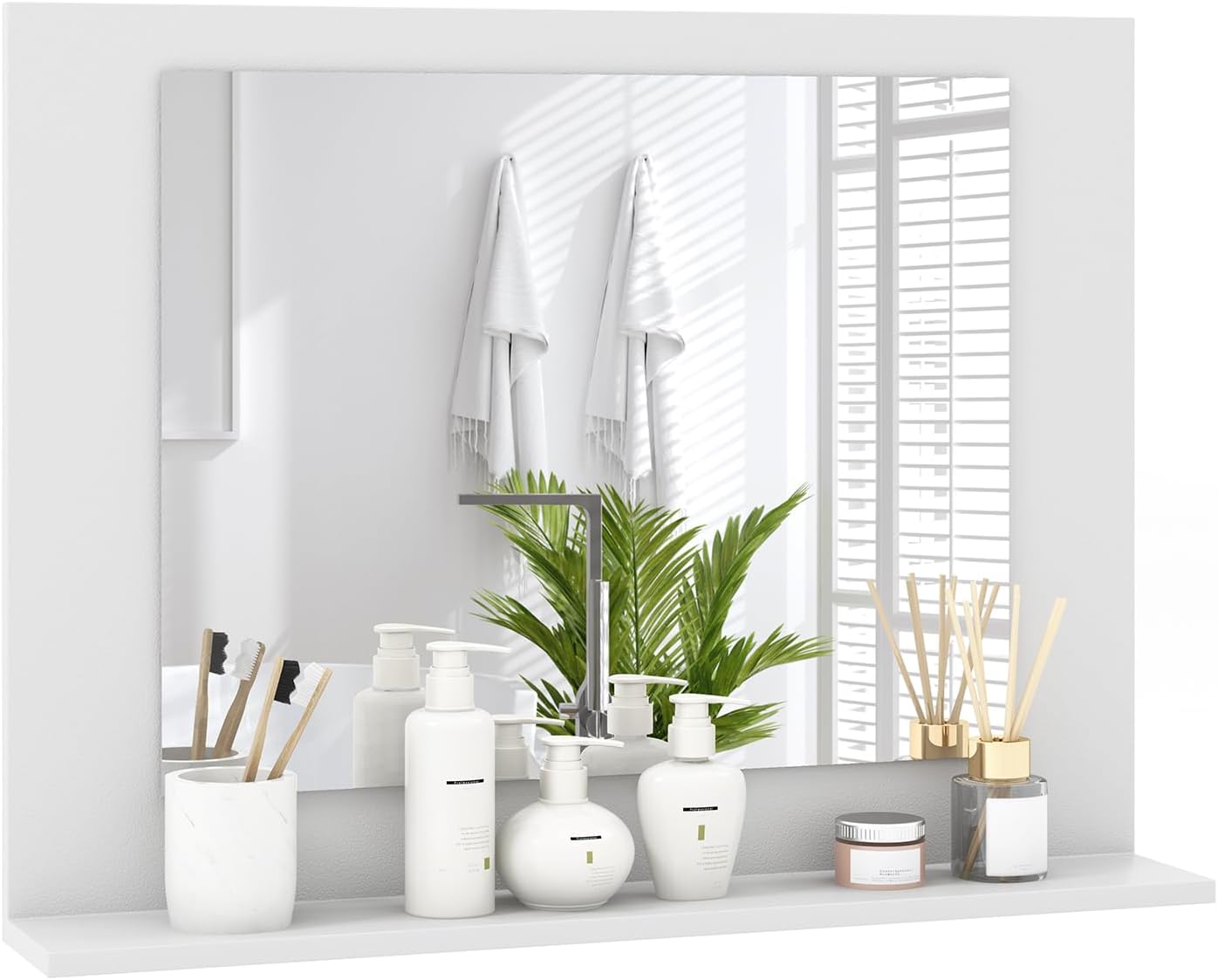 Wall-Mounted Rectangle Mirror with Open Shelf – Stylish, Durable & Space-Saving for Bathroom, Entryway, or Living Room