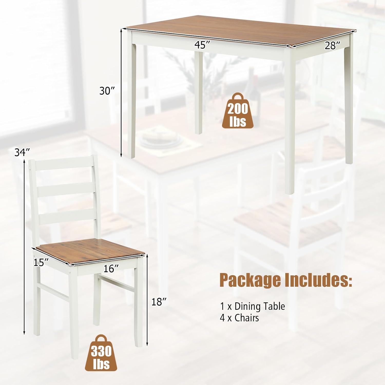 5-Piece Solid Wood Dining Set – Table & 4 Chairs