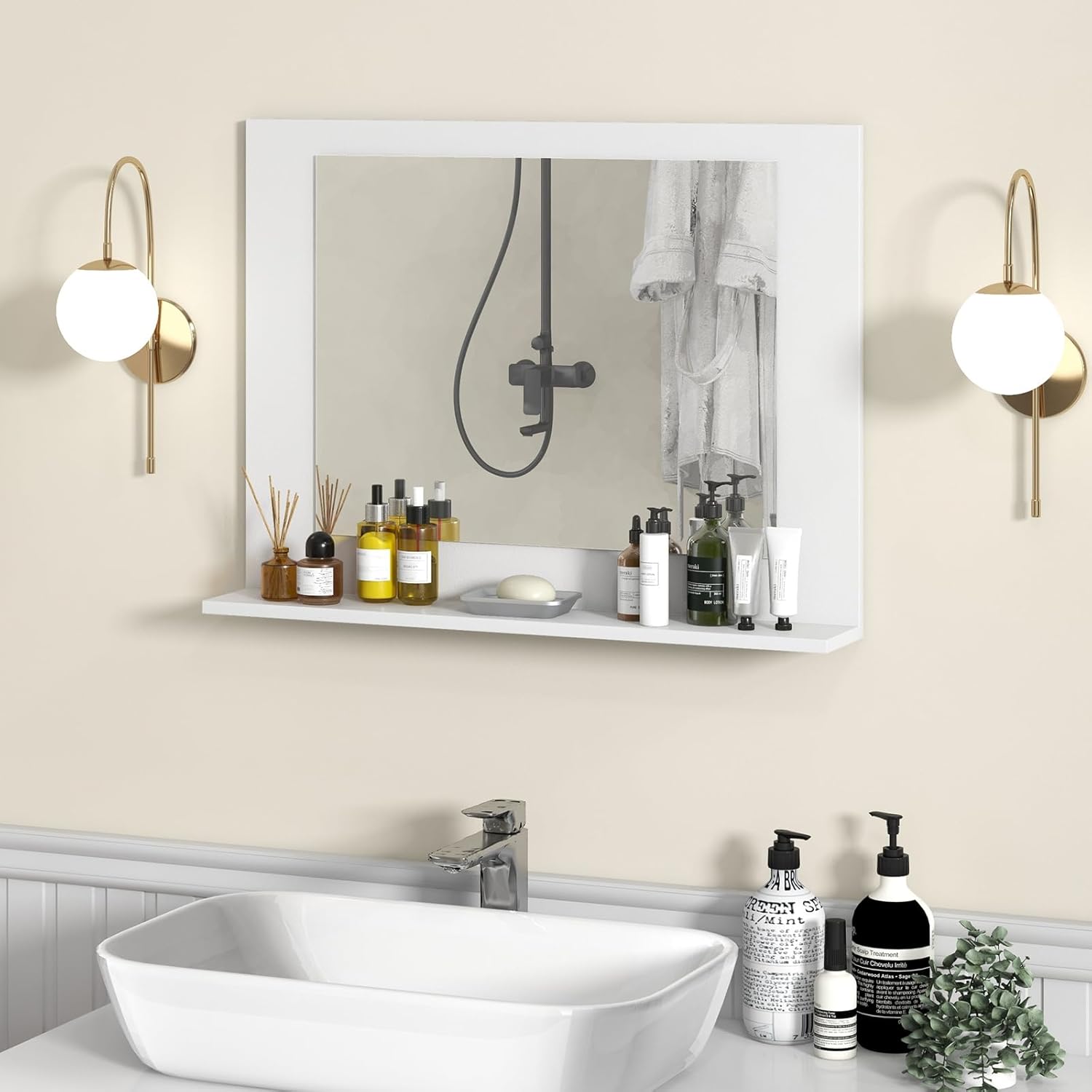 Wall-Mounted Rectangle Mirror with Open Shelf – Stylish, Durable & Space-Saving for Bathroom, Entryway, or Living Room