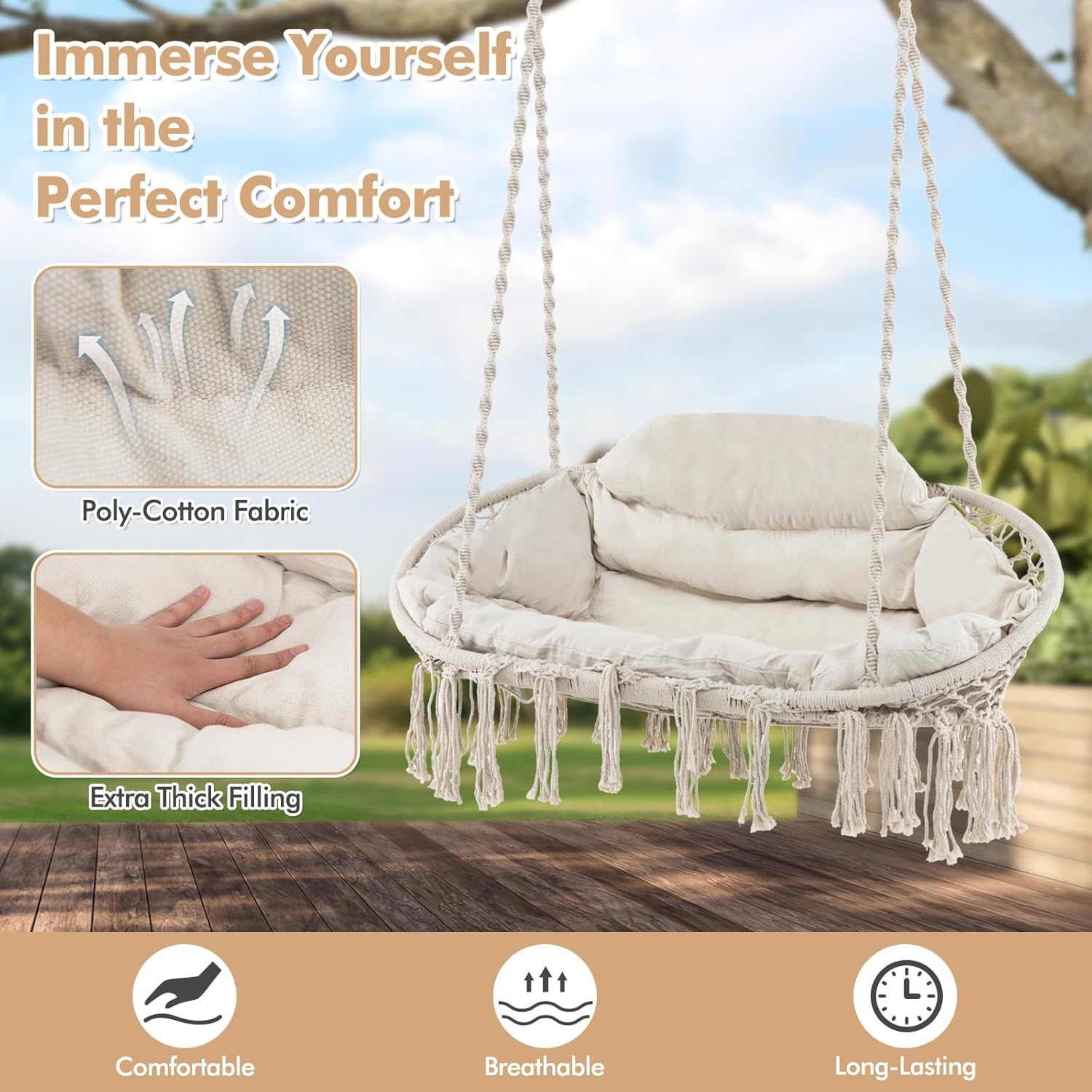 2-Person Hanging Hammock Chair with Extra-Thick Cushion