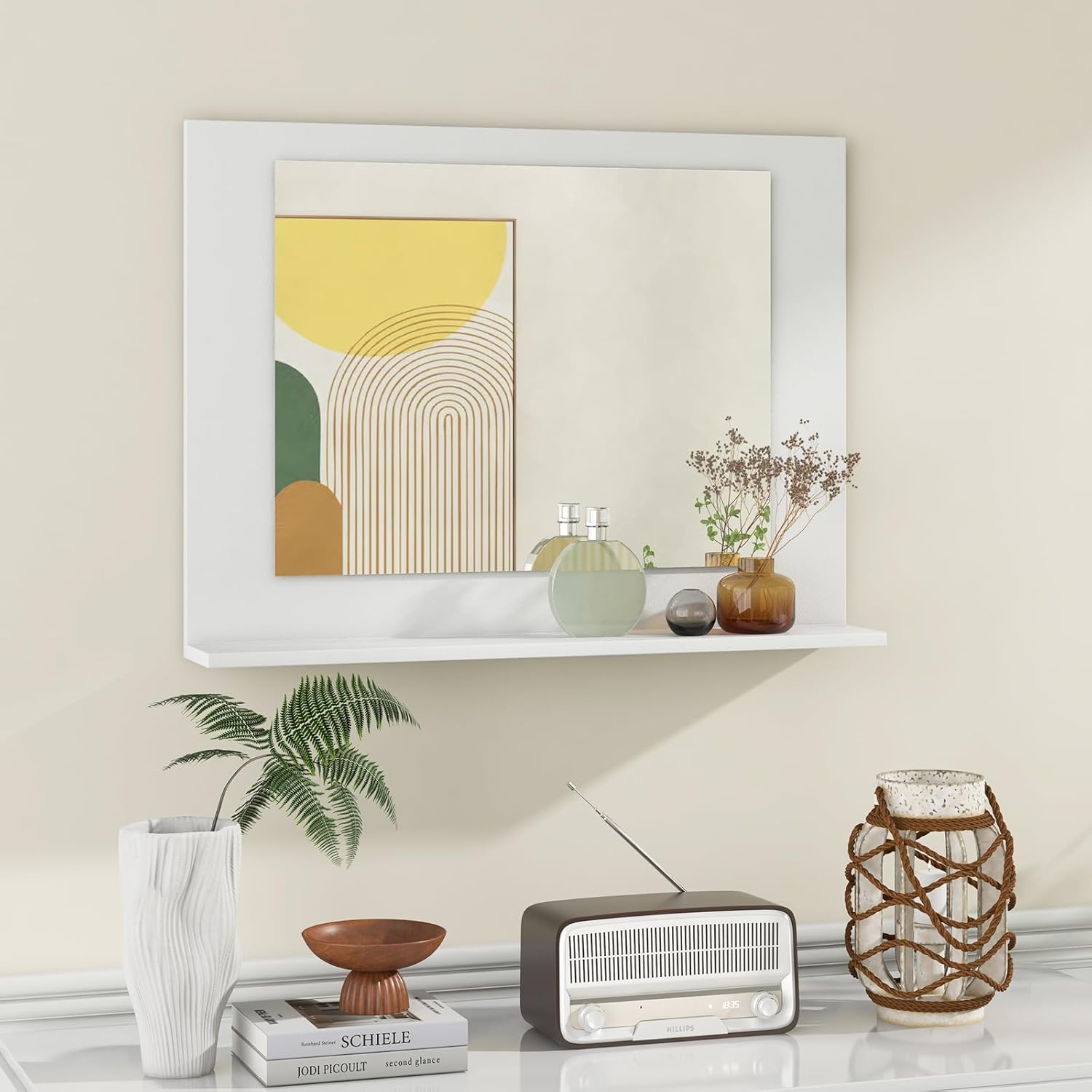 Wall-Mounted Rectangle Mirror with Open Shelf – Stylish, Durable & Space-Saving for Bathroom, Entryway, or Living Room