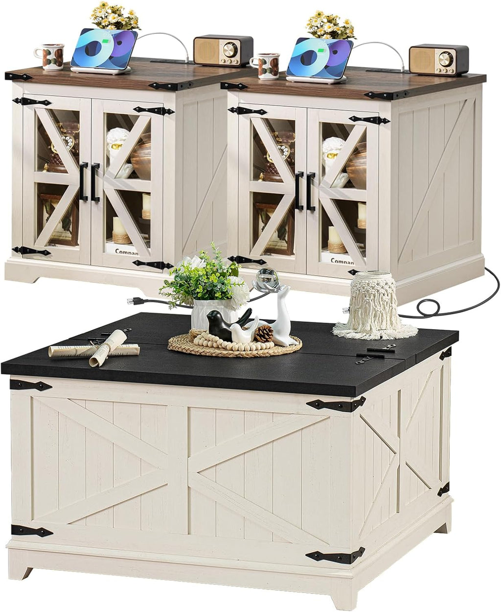 Farmhouse Nightstand with Charging Station – Rustic Bedroom End Table with Storage & USB Ports