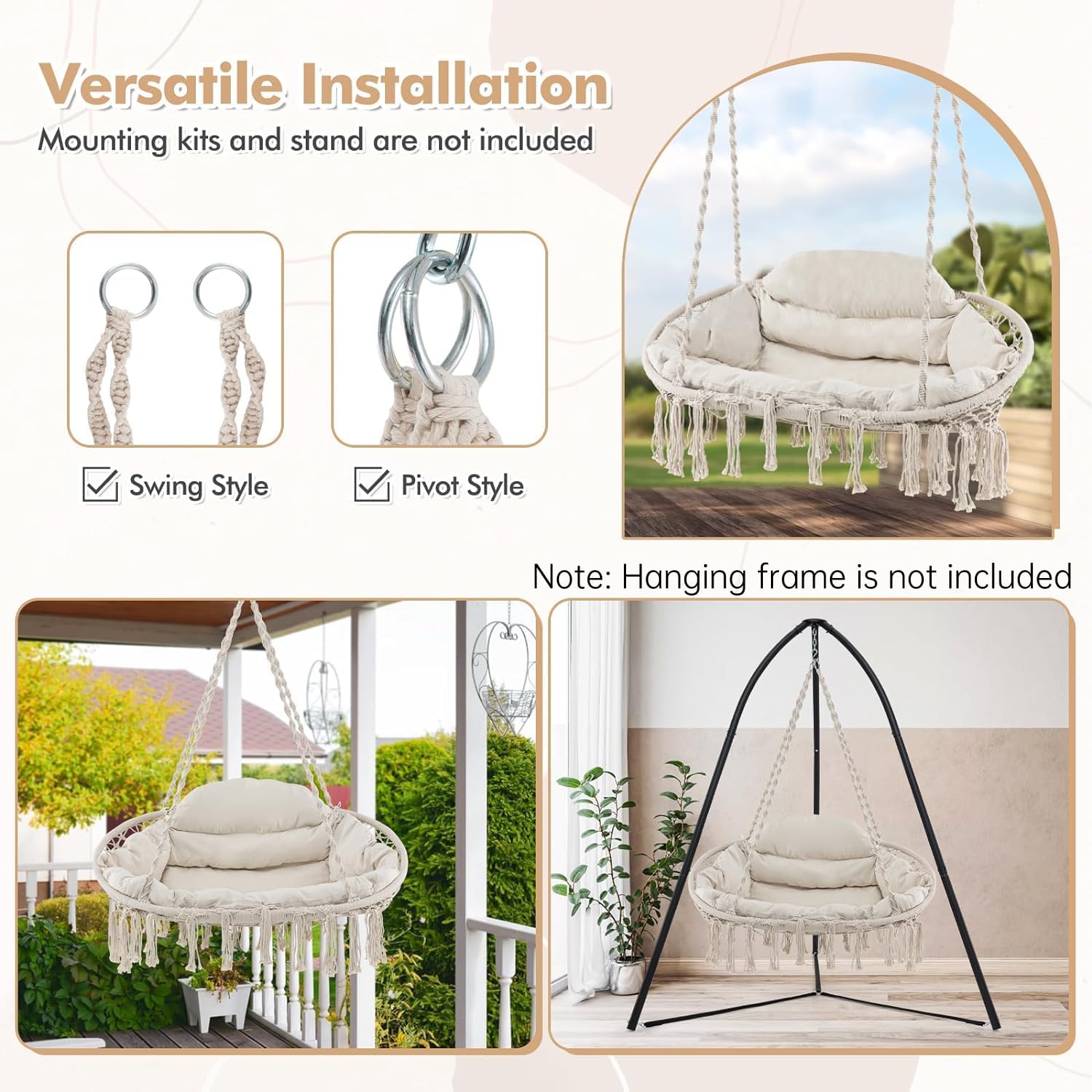 2-Person Hanging Hammock Chair with Extra-Thick Cushion