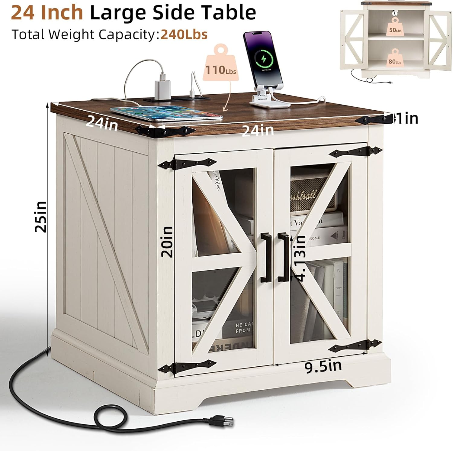 Farmhouse Nightstand with Charging Station – Rustic Bedroom End Table with Storage & USB Ports