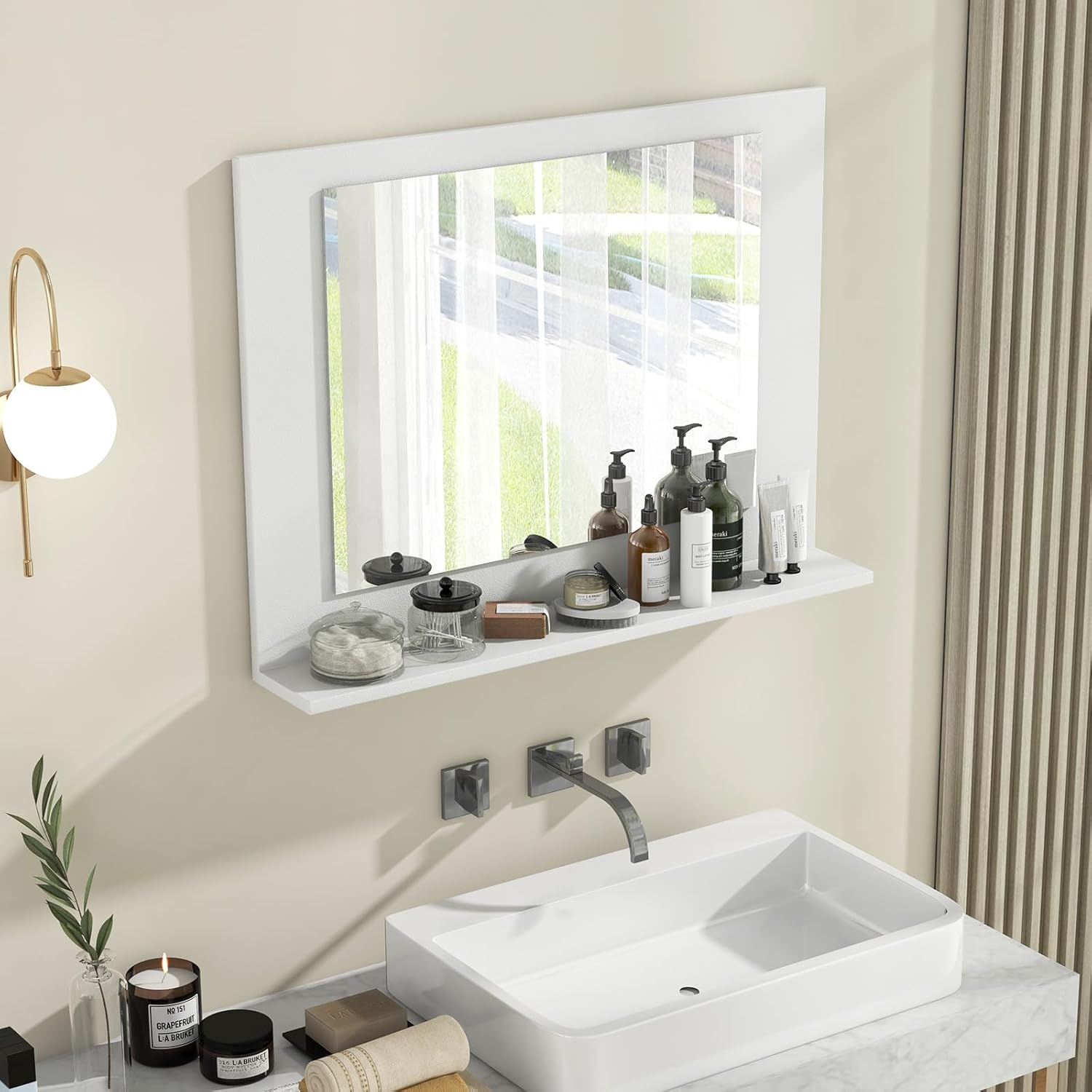 Wall-Mounted Rectangle Mirror with Open Shelf – Stylish, Durable & Space-Saving for Bathroom, Entryway, or Living Room