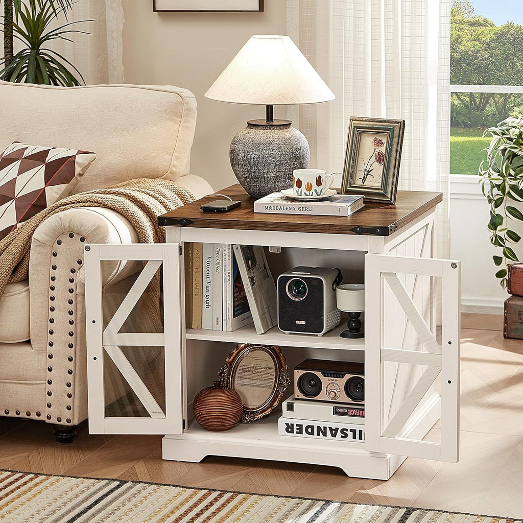 Farmhouse Nightstand with Charging Station – Rustic Bedroom End Table with Storage & USB Ports