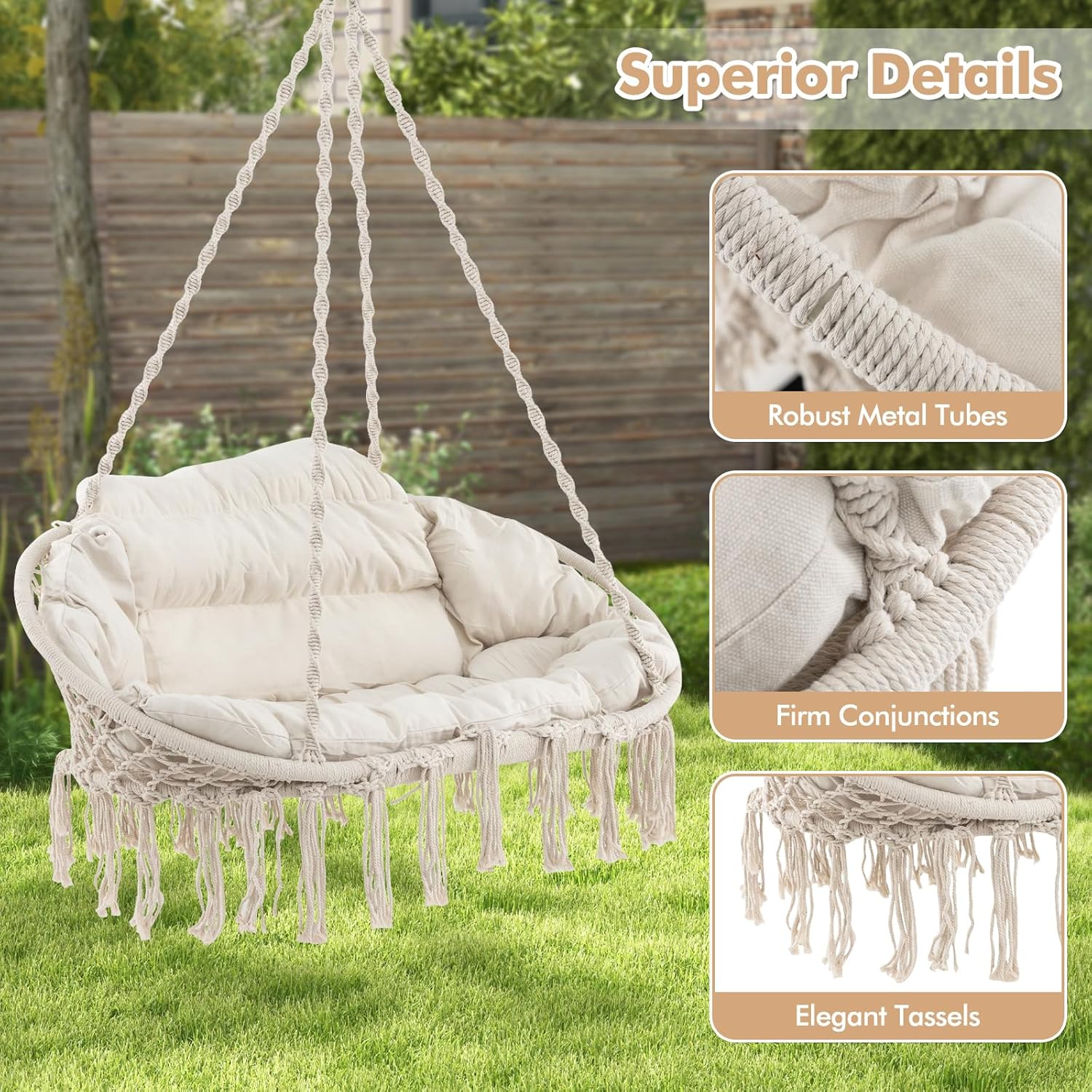 2-Person Hanging Hammock Chair with Extra-Thick Cushion