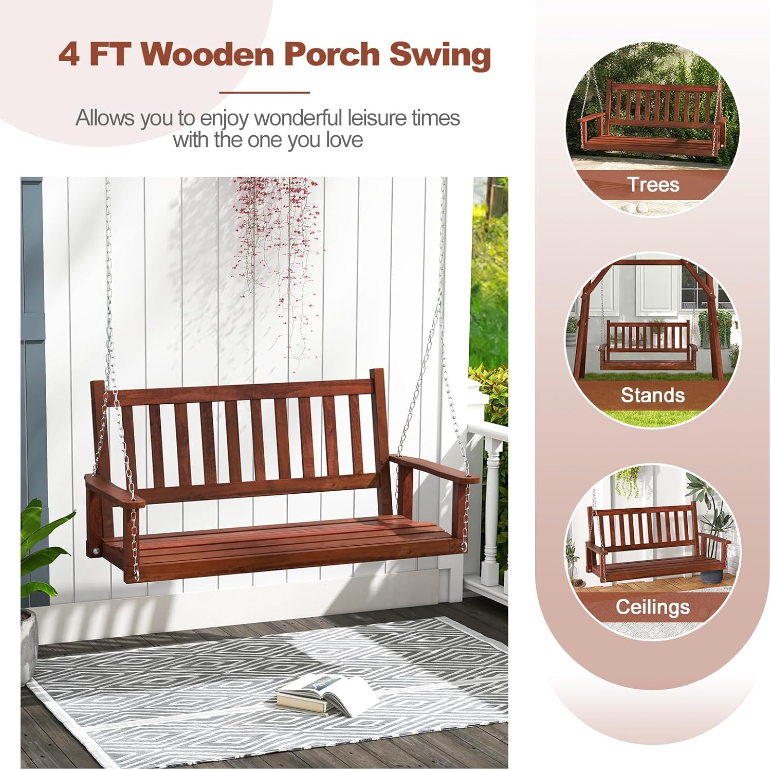 4FT Outdoor Wooden Porch Swing – Relax in Style