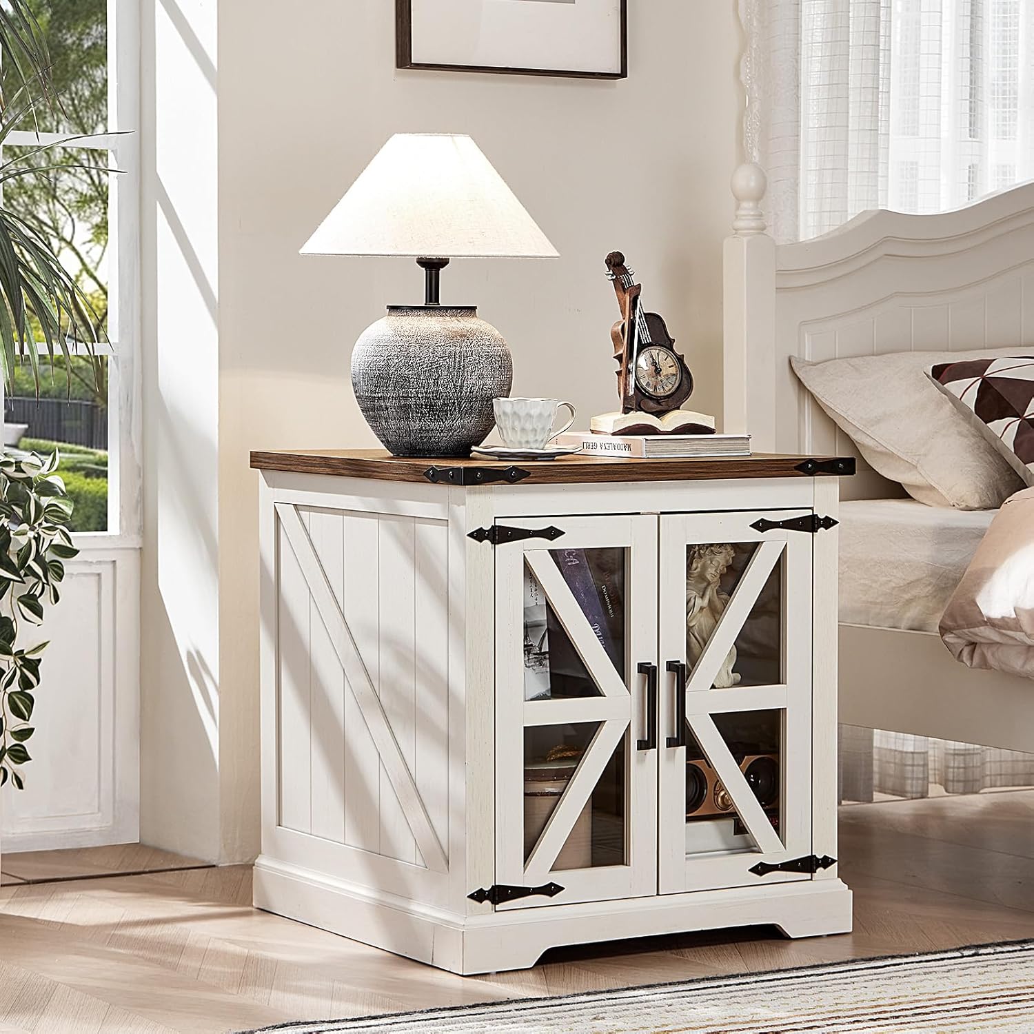 Farmhouse Nightstand with Charging Station – Rustic Bedroom End Table with Storage & USB Ports