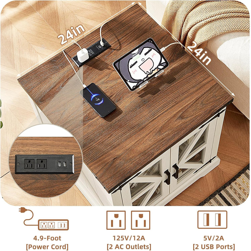 Farmhouse Nightstand with Charging Station – Rustic Bedroom End Table with Storage & USB Ports