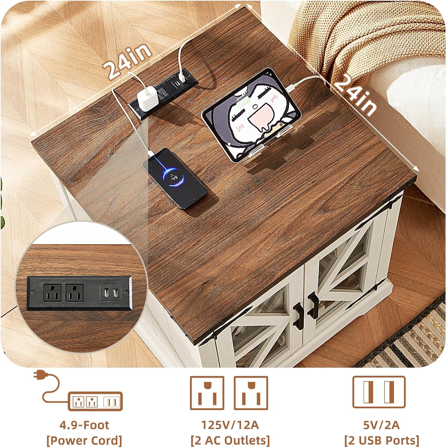 Farmhouse Nightstand with Charging Station – Rustic Bedroom End Table with Storage & USB Ports